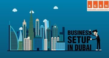 An illustration of a city's skyscrapers with a business professional shaking hands. The text reads "Business Setup in Dubai" and the top right corner features the KGRN Chartered Accountants logo.