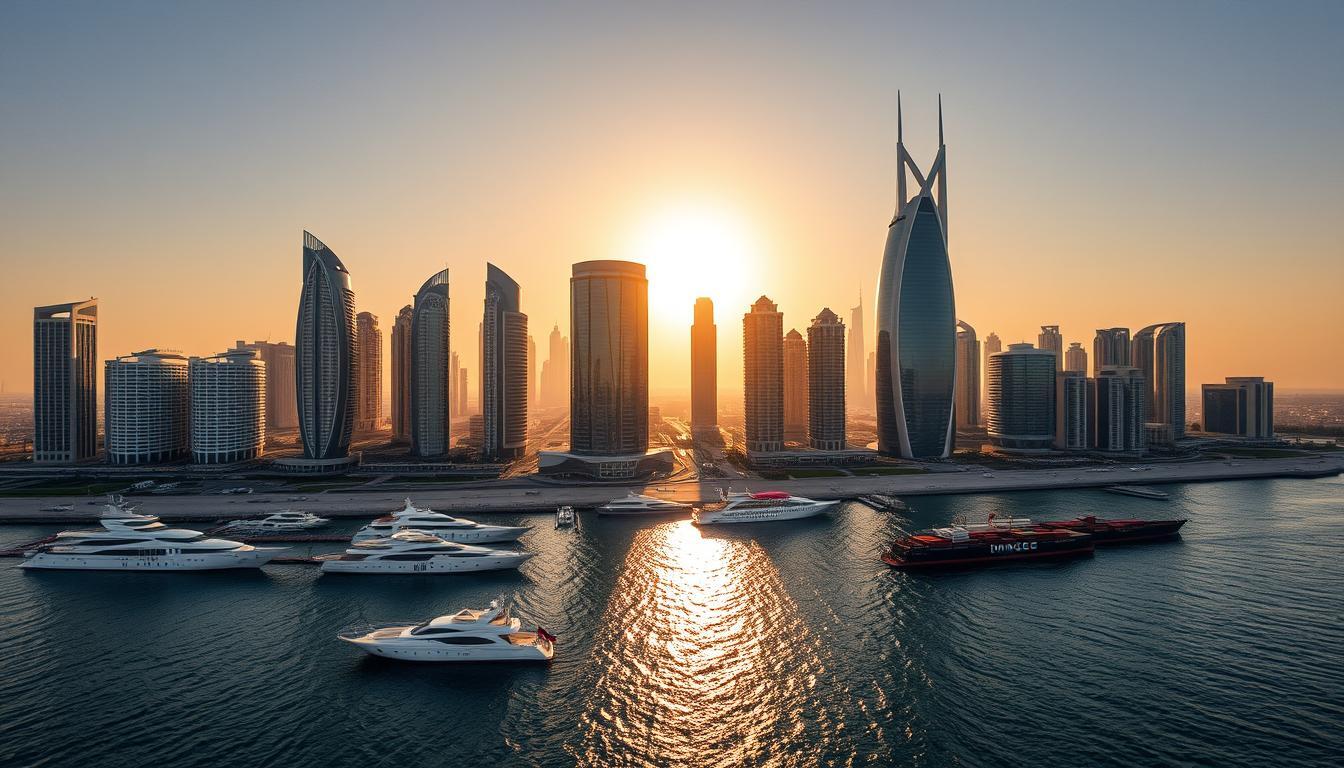 A sweeping aerial view of Dubai's iconic skyline, with the glittering skyscrapers of JAFZA, RAK ICC, and DMCC prominently featured. The sun casts a warm, golden glow over the bustling free zones, highlighting their distinct architectural styles and strategic locations along the sparkling waters of the Persian Gulf. In the foreground, sleek yachts and cargo ships dot the harbor, symbolizing the vibrant commercial activity that thrives within these offshore jurisdictions. The image conveys a sense of prosperity, innovation, and the city's position as a global business hub.