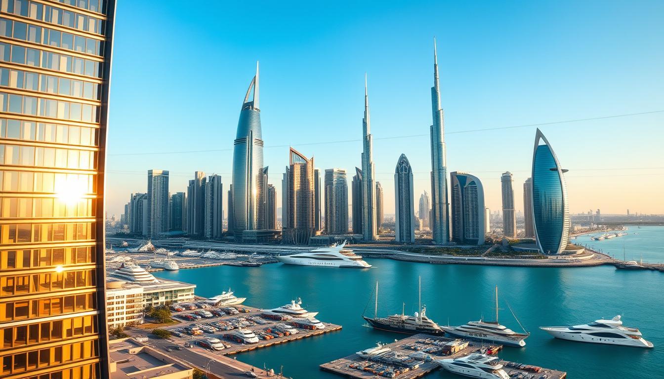 A meticulously crafted cityscape of Dubai's iconic skyline, captured through the lens of a wide-angle camera. In the foreground, a sleek offshore company building stands tall, its modern architecture and glass facade reflecting the warm, golden hues of the sun. The middle ground features a bustling harbor, with yachts and cargo ships dotting the turquoise waters. In the background, the towering skyscrapers of Dubai's business district rise majestically, their spires piercing the azure sky. The scene conveys an atmosphere of prosperity, innovation, and the allure of Dubai's thriving offshore business ecosystem.