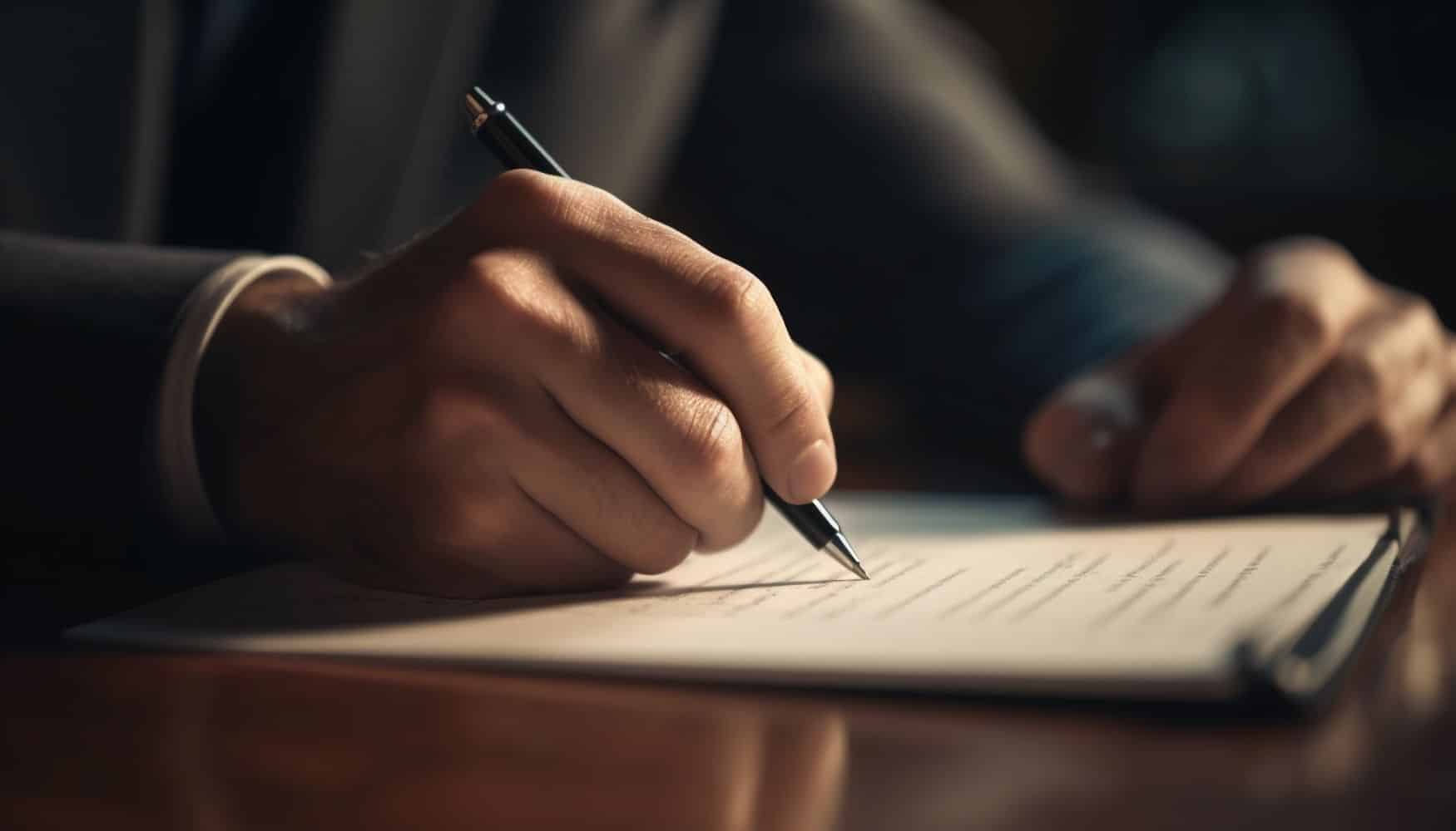 Close-up of a person in a business suit signing a document on a clipboard with a pen, representing our Will Writing Service in Dubai, UAE. The scene is well-lit, featuring a wooden desk with focus on the hand and pen. The background is blurred, highlighting the act of signing.