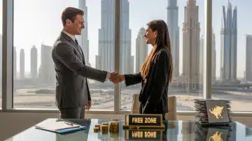 A man and woman in business attire shake hands across a desk with a "FREE ZONE" sign, coins, documents, and a city skyline visible through large windows.