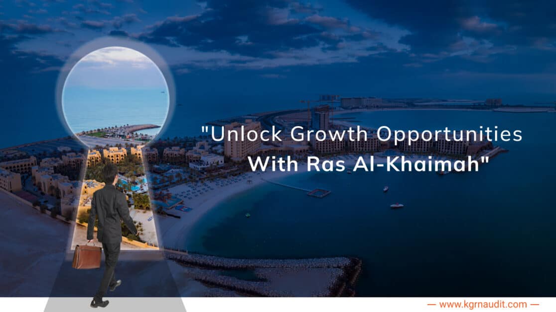 A man in a business suit walks towards a keyhole-shaped view of RAK. The keyhole reveals a coastal cityscape with buildings and a beach. The text reads, 