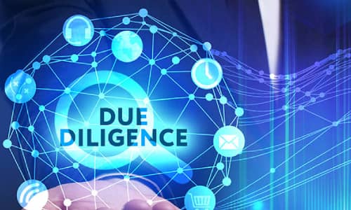 due diligence requirements for financial institutions - A person in a suit extends their hand, with a blue, glowing network of icons and lines overlaying their palm. The words 