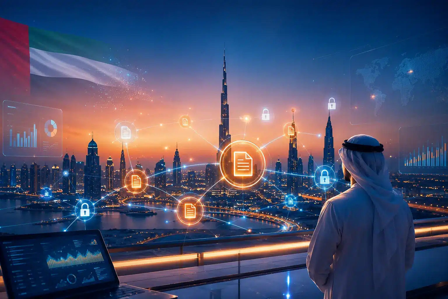 Digital skyline at sunset