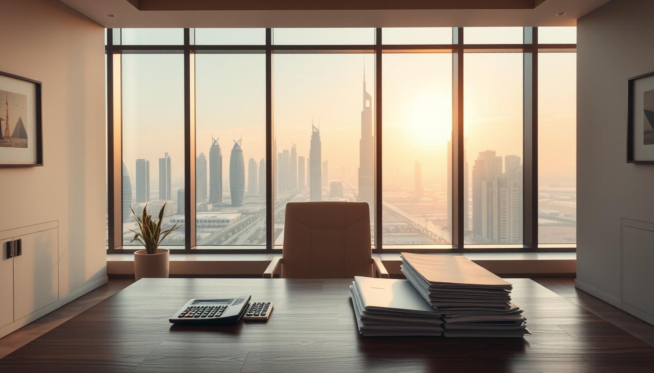 A serene office setting in Dubai, with a tasteful mix of minimalist and traditional Emirati architectural elements. The foreground features a wooden desk with a laptop, calculator, and a neatly arranged stack of financial documents, symbolizing the diligence and precision of business valuation. The middle ground showcases a large window overlooking the iconic skyline of Dubai, bathed in warm, golden sunlight. The background is adorned with subtle Middle Eastern motifs, creating a sense of cultural heritage. The overall mood is one of professionalism, attention to detail, and the importance of accurately valuing a business in this vibrant commercial hub.