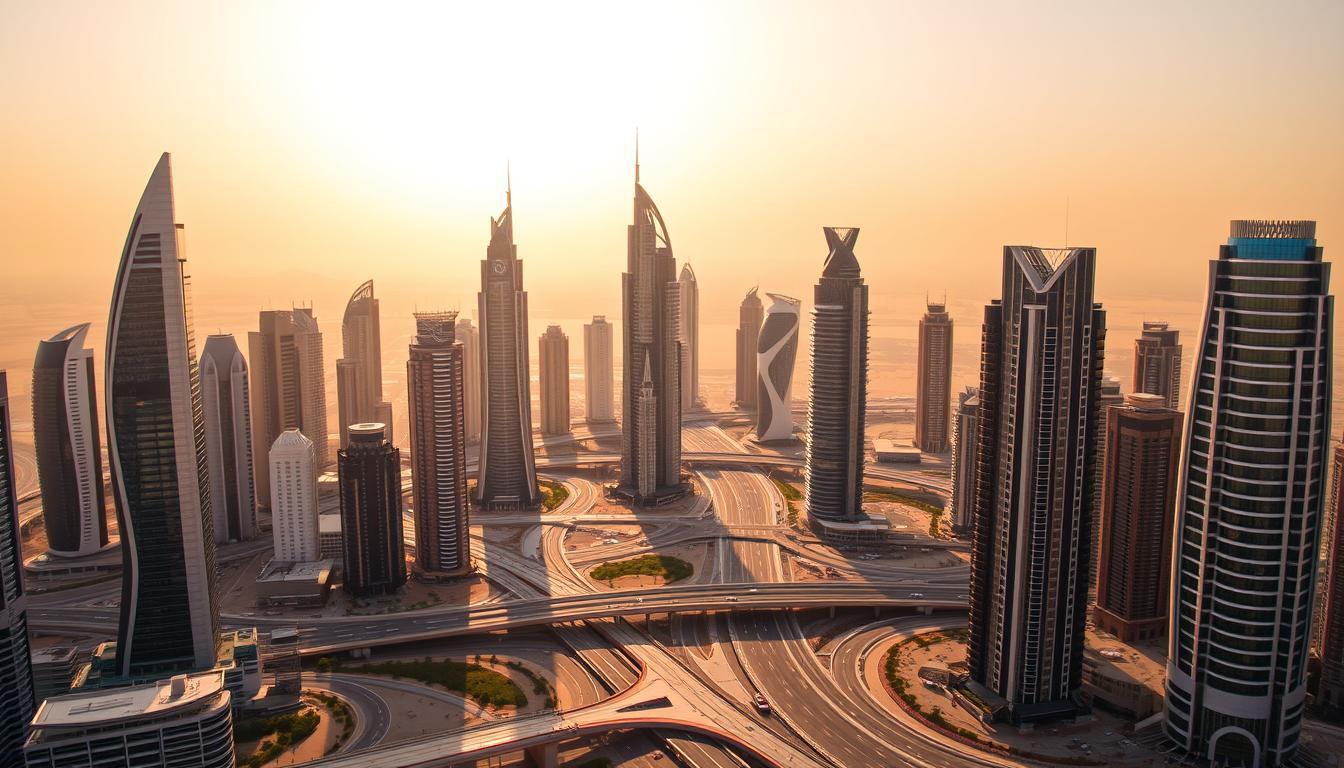 A bustling cityscape of Dubai's iconic skyscrapers, set against a golden desert backdrop. Towering high-rises in sleek, modern architecture dominate the foreground, reflecting the city's thriving business ecosystem. In the middle ground, a network of interconnected roads and transportation hubs facilitate the efficient movement of people and goods. The sky is illuminated by a warm, golden light, casting a vibrant glow over the entire scene. The image conveys a sense of energy, progress, and the seamless integration of Dubai's commercial landscape with its natural environment.